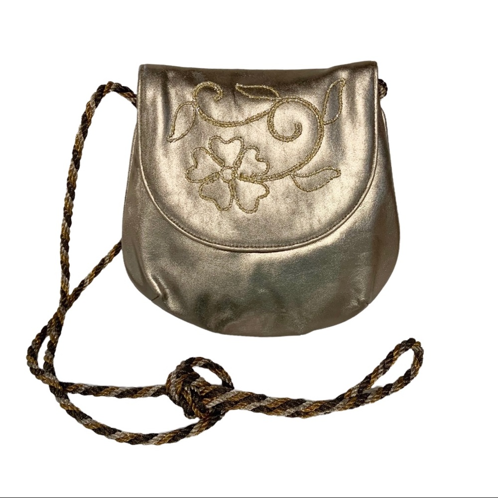 Vintage Miss Lewis Gold Tone Purse Floral Embroidery Cord Strap Crossbody Muted